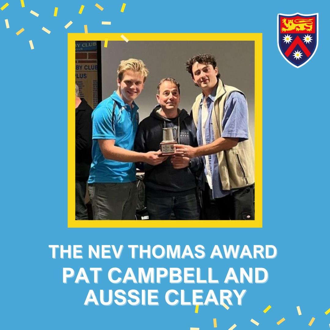 Club graphic announcing The Nev Thomas Award, showing three men holding the trophy together in the clubhouse.